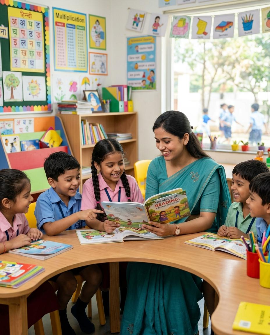 Young Indian Primary Female Teacher with Small Students