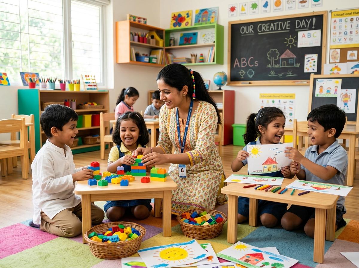 Young Indian Primary Teacher Helping Small Student