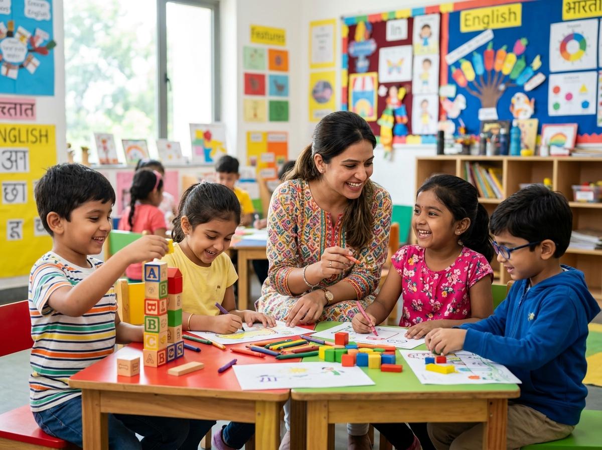 Young Indian Primary Teacher in Activity Classroom